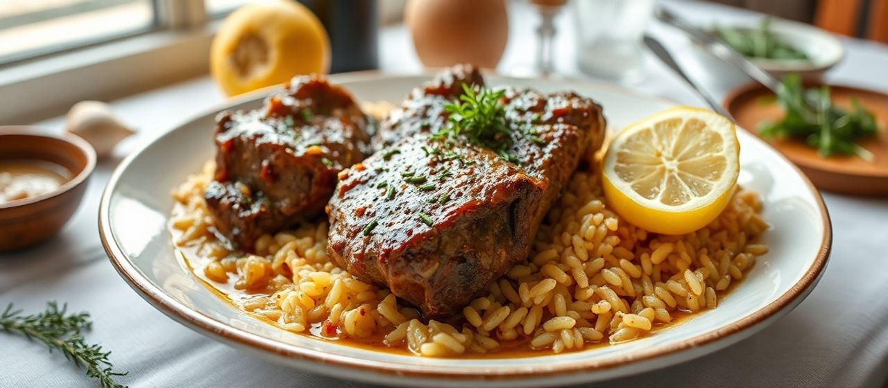 Slow-Simmered Lamb Shanks with Lemon-Oregano Sauce and Orzo