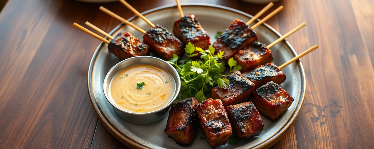 Smoked Black Garlic Pork Skewers with Prahok Dip
