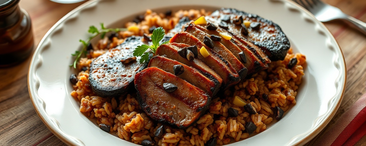 Smoked Cajun Black Garlic Duck Breast with Dirty Rice
