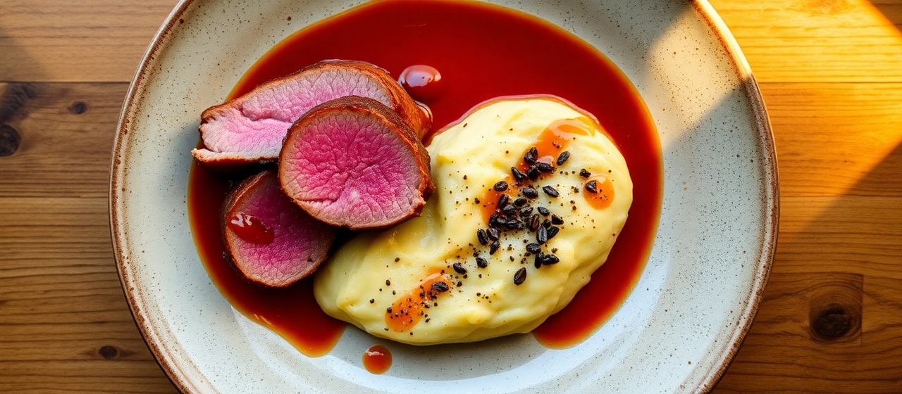 Smoked Duck Breast with Gochujang Cherry Glaze and Potato Dauphinoise