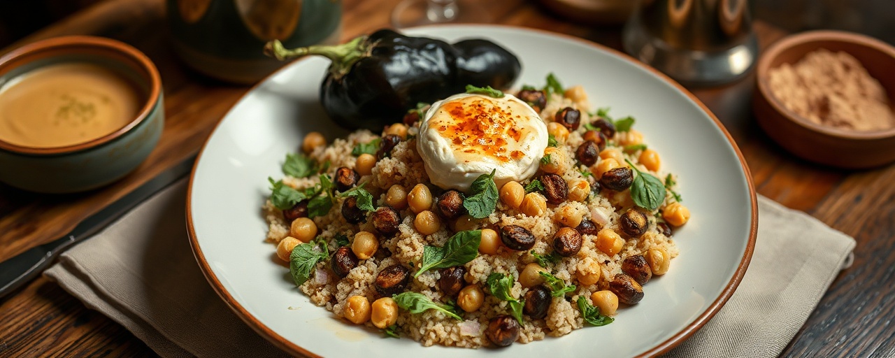 Smoked Eggplant and Chickpea Fattoush with Chipotle Tahini Dressing