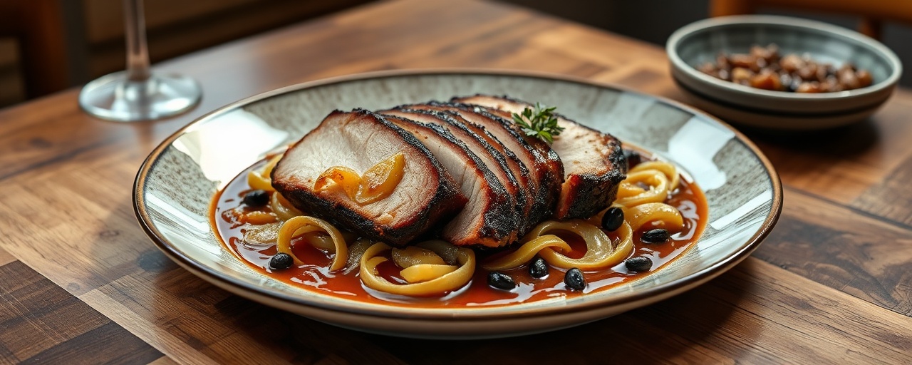 Smoked Juniper Pork Belly with Apple Glaze and Braised Cabbage