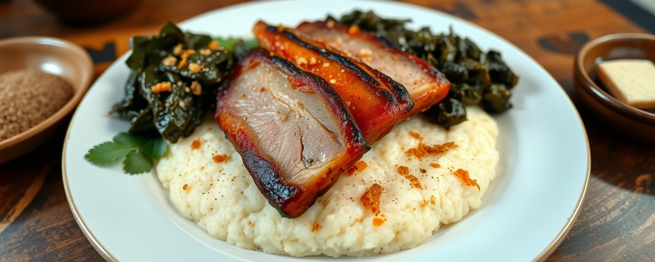 Smoked Paprika and Galangal Cured Pork Belly with Creamy Grits and Braised Collard Greens