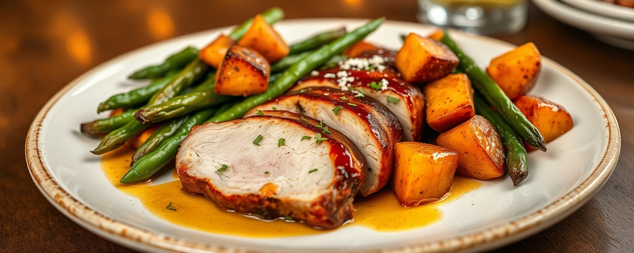 Smoked Paprika and Honey Glazed Pork Tenderloin with Roasted Sweet Potatoes and Green Beans