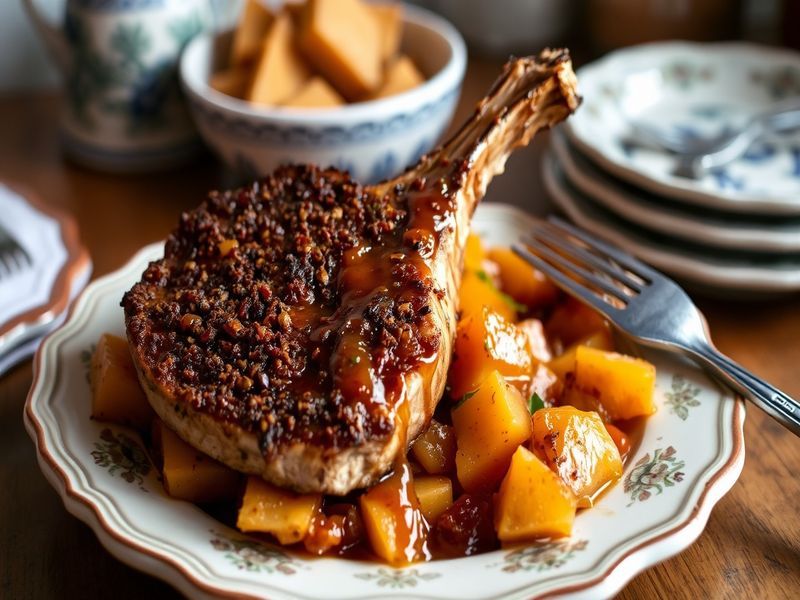 Smoked Paprika Crusted Pork Chops with Sweet Potato Hash and Apple Bourbon Glaze
