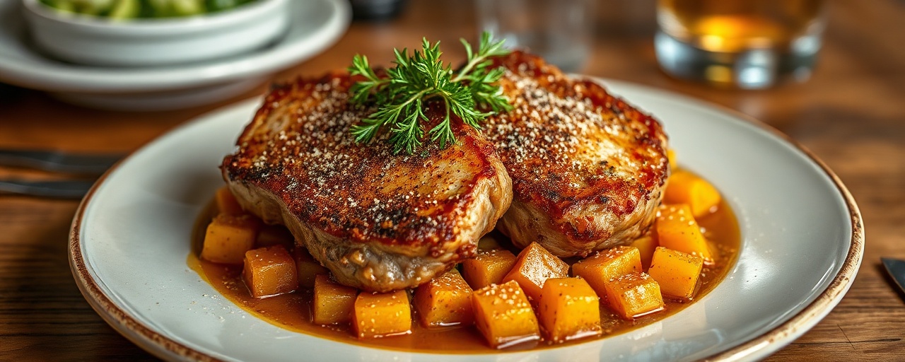 Smoked Paprika Crusted Pork Chops with Sweet Potato Hash and Apple Bourbon Glaze
