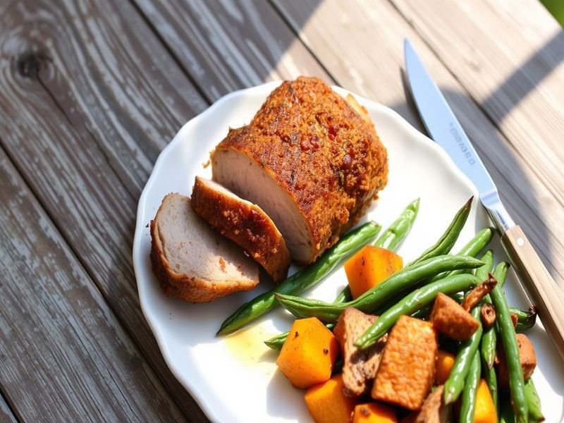 Smoked Paprika Herb Crusted Pork Tenderloin with Roasted Sweet Potatoes and Green Beans
