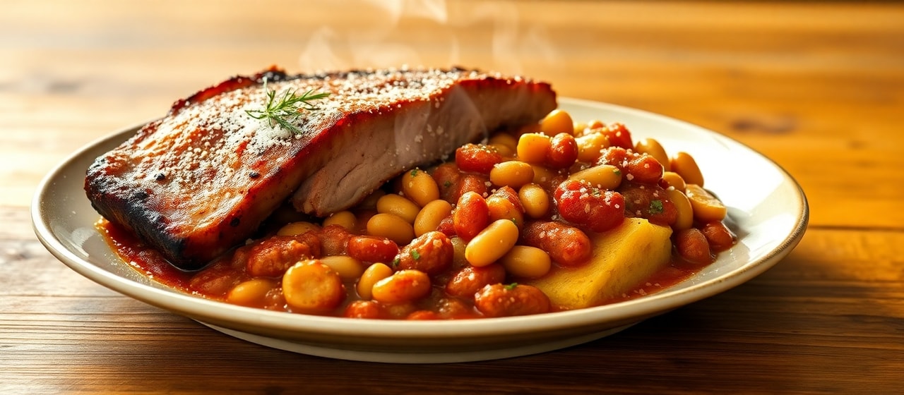 Smoked Pork Belly with Cannellini Bean Ragu and Grilled Polenta