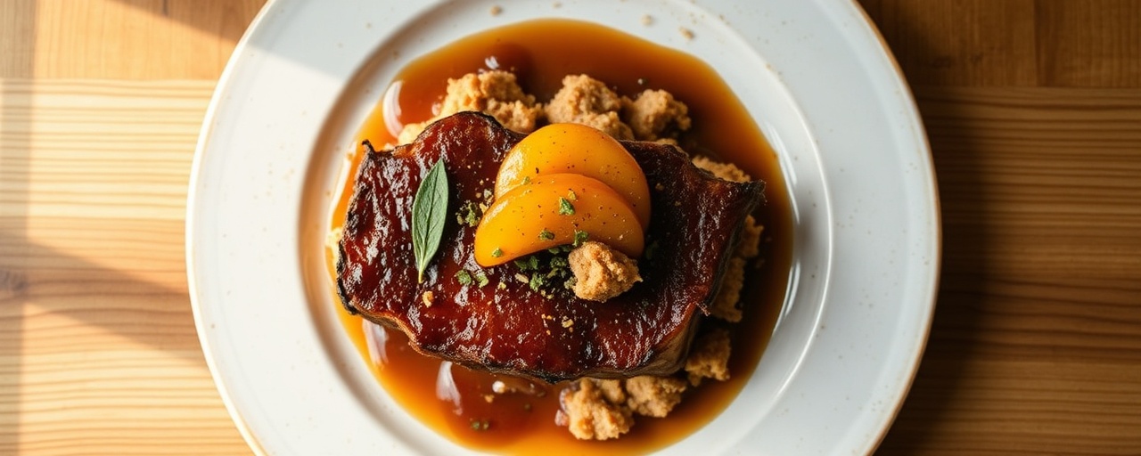 Smoked Pork Belly with Southern Peach Glaze and Sage Cornbread Crumble