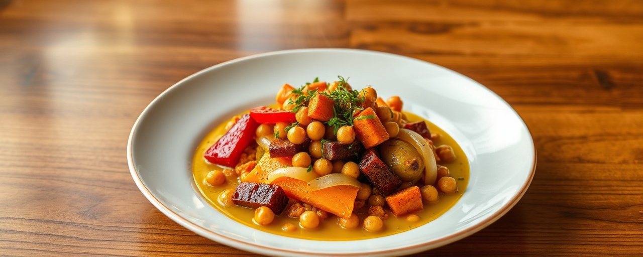 Smoked Portuguese Vegetable and Chickpea Ensopado with Harissa-Lime Drizzle