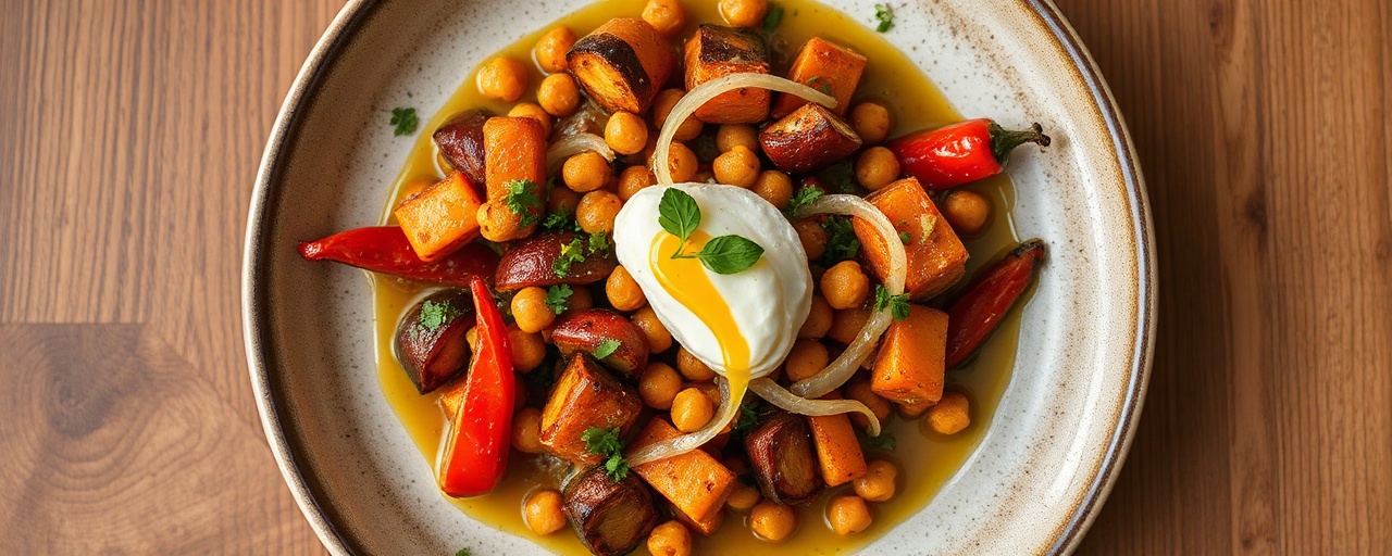 Smoked Portuguese Vegetable and Chickpea Ensopado with Harissa-Lime Drizzle
