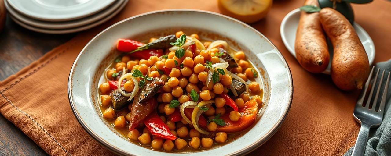 Smoked Portuguese Vegetable and Chickpea Ensopado with Harissa-Lime Drizzle