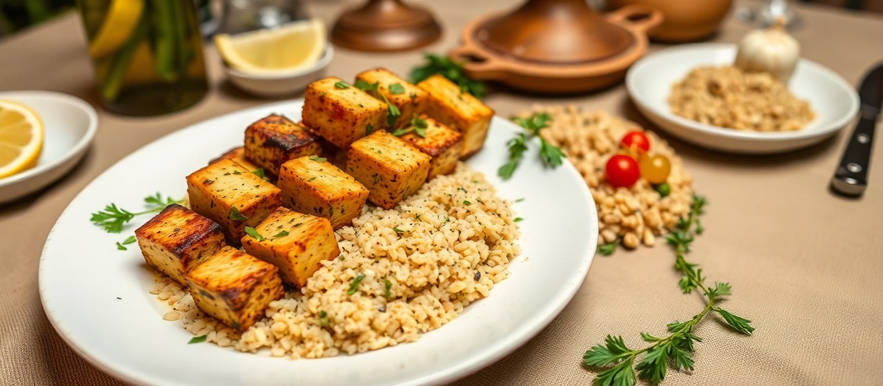Smoked Tofu and Mediterranean Vegetable Skewers with Lemon-Herb Bulgur