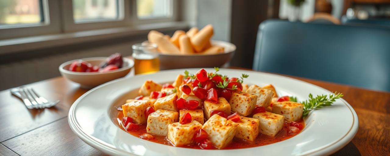 Smoked Tofu Skhvi with Pomegranate Garnish