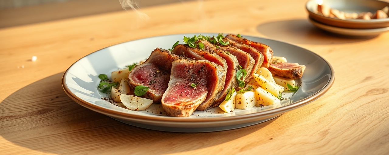 Smoked Tuna with Black Garlic-Lemon Fakes Salata