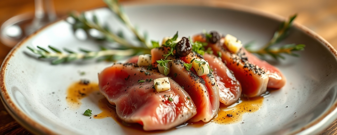 Smoked Tuna with Black Garlic-Lemon Fakes Salata
