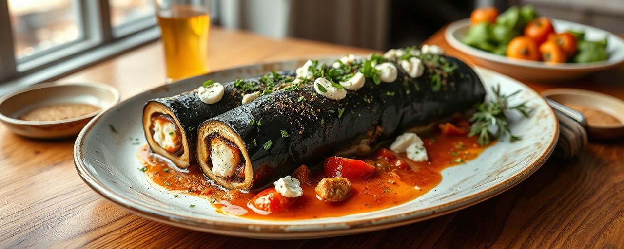 Sous-Vide Aubergine Roulade with Herbed Chèvre and Ratatouille Coulis