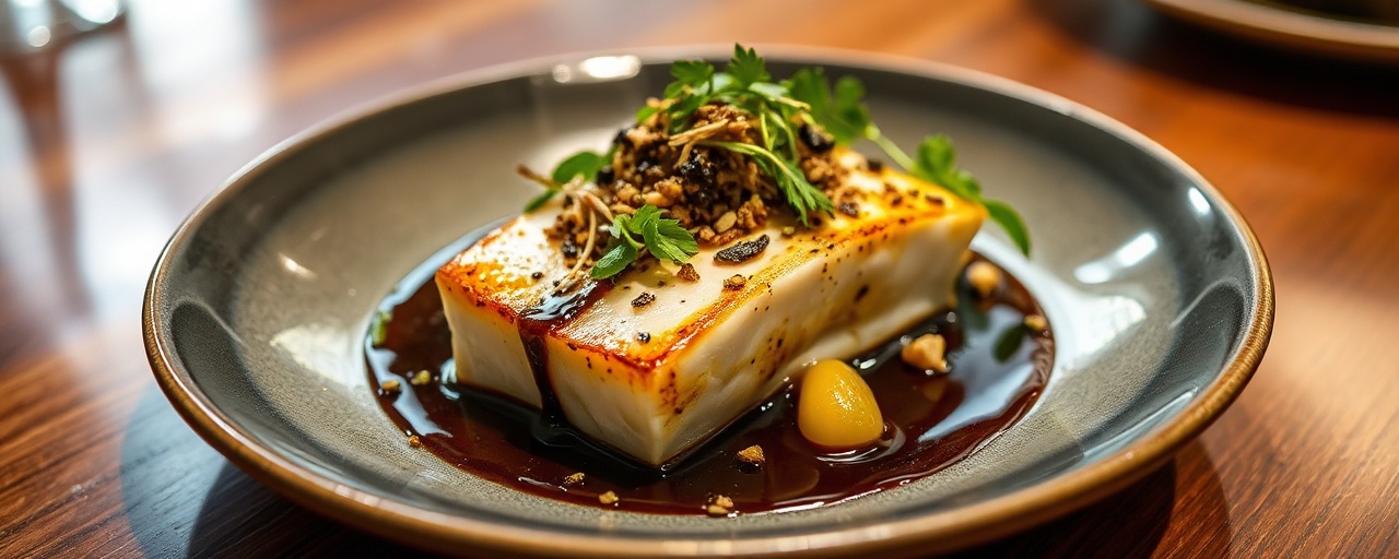 Sous-Vide Black Garlic Mahi-Mahi with Lilikoi Glaze and Macadamia Gremolata