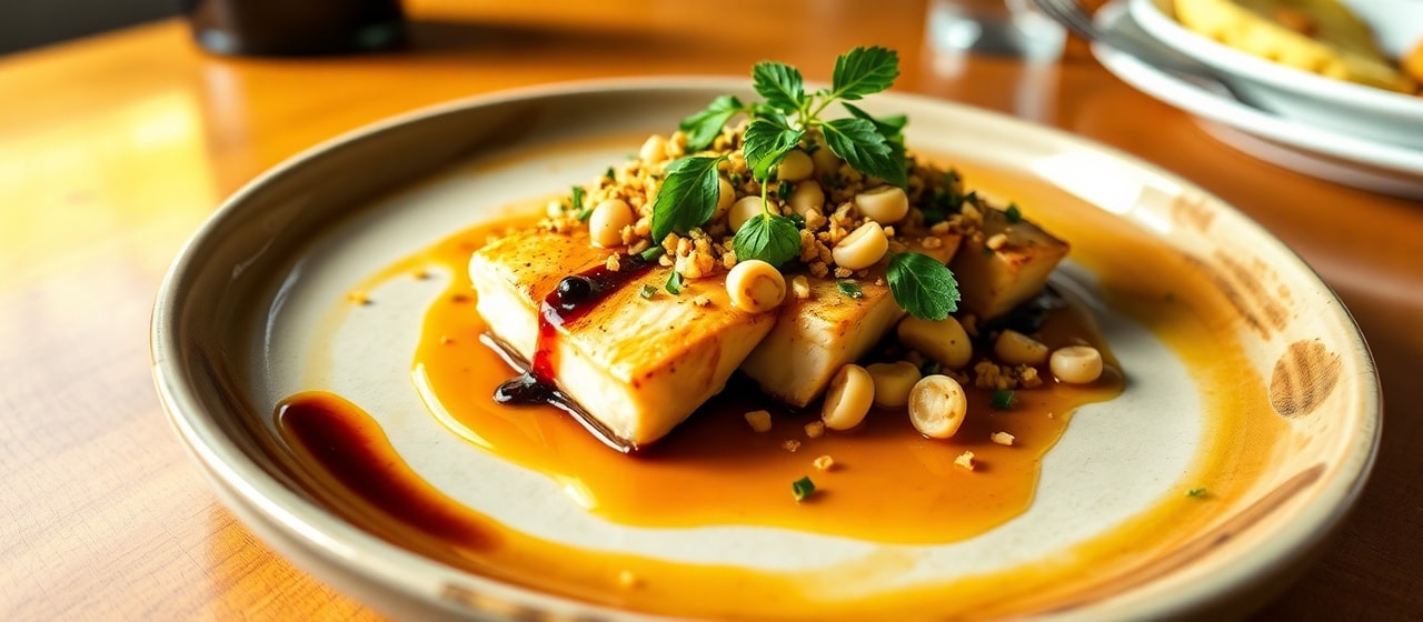 Sous-Vide Black Garlic Mahi-Mahi with Lilikoi Glaze and Macadamia Gremolata