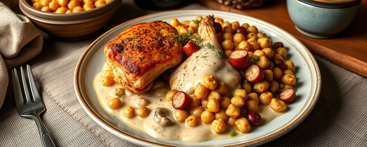 Sous-Vide Cajun Spiced Chicken Thighs with Creamy Chickpea and Andouille Succotash