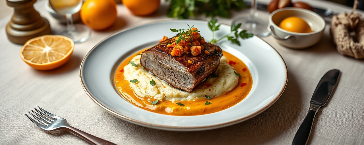 Sous-Vide Iberian Pork Loin with Gochujang Mojo and Saffron Cauliflower Purée