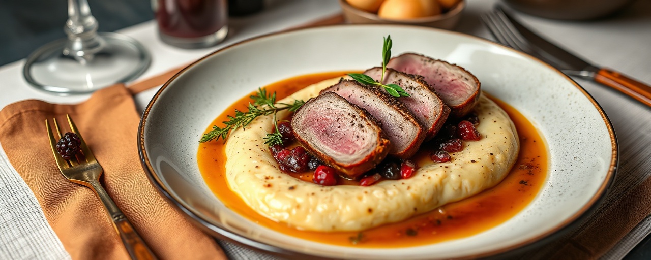 Sous-Vide Nordic Duck with Lingonberry-Rye Crumble and Parsnip Puree