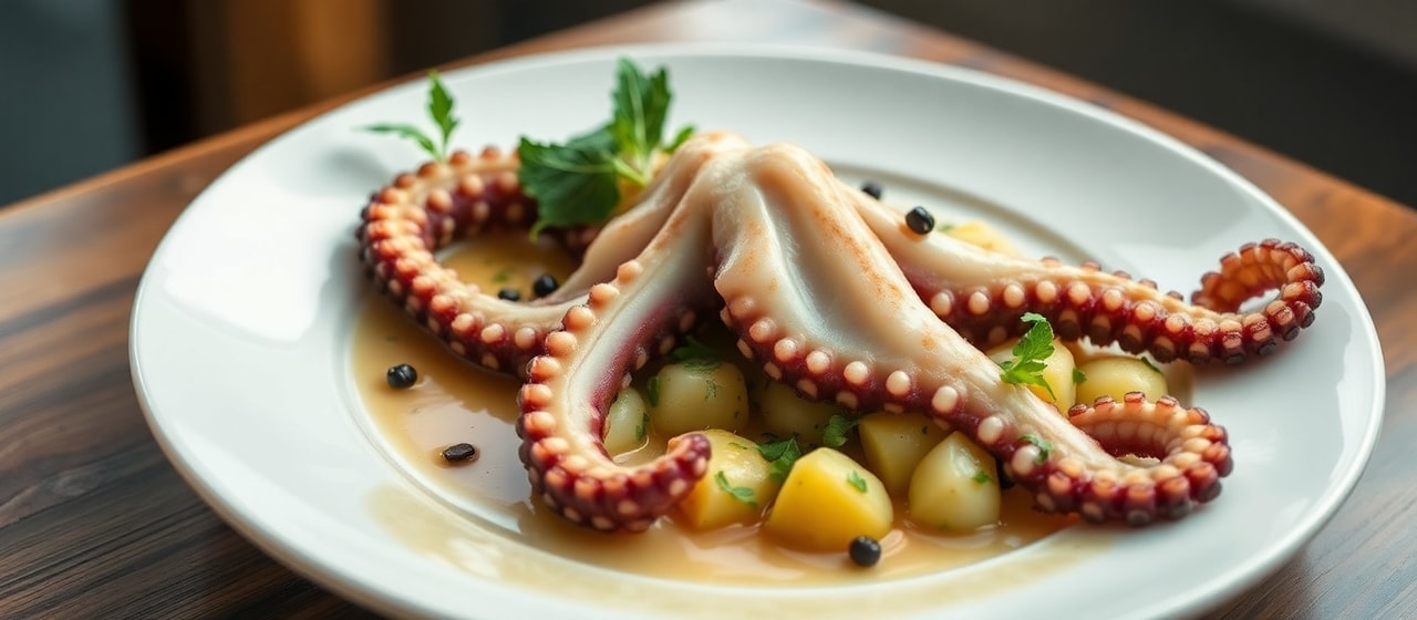 Sous-Vide Octopus with Dill-Potato Salad and Kvass Reduction