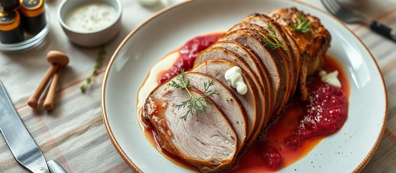 Sous-Vide Polish Pork Loin with Tahini-Beetroot Puree and Horseradish Dill Sauce