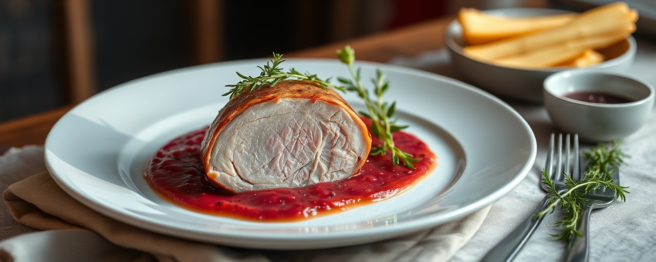 Sous-Vide Polish Pork Loin with Tahini-Beetroot Puree and Horseradish Dill Sauce