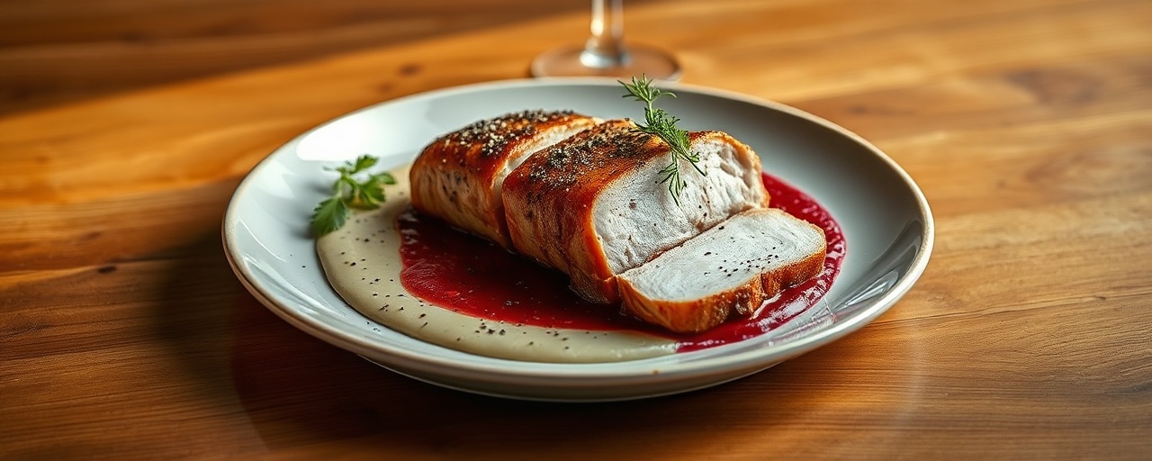 Sous-Vide Polish Pork Loin with Tahini-Beetroot Puree and Horseradish Dill Sauce