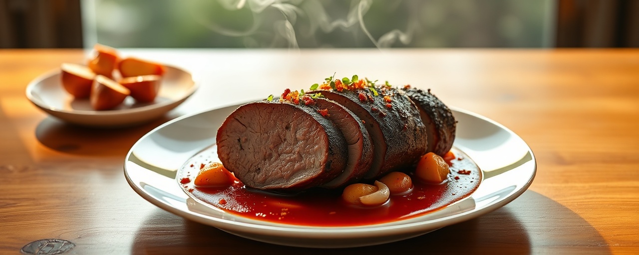 Sous-Vide Pork Tenderloin with Harissa-Smoked Paprika Rub, Saffron Potato and Piquillo Pepper Purée