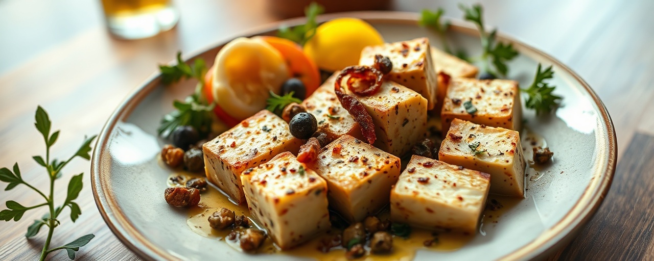 Sous-Vide Za'atar Tofu with Olive and Caper Tapenade