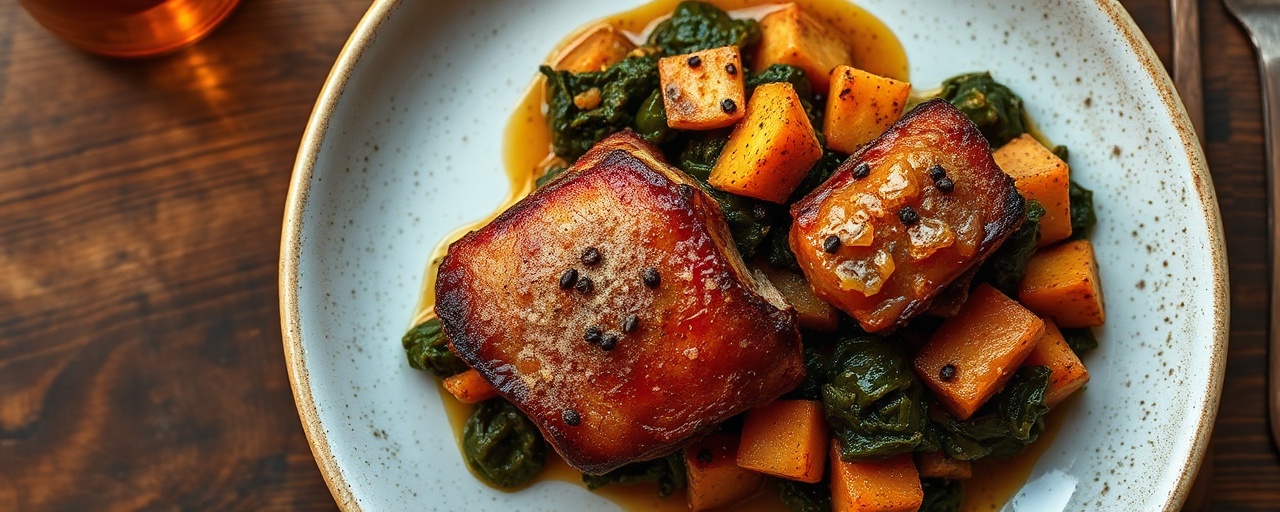 Southern Belle Cured Pork Belly with Braised Collard Greens and Sweet Potato Hash