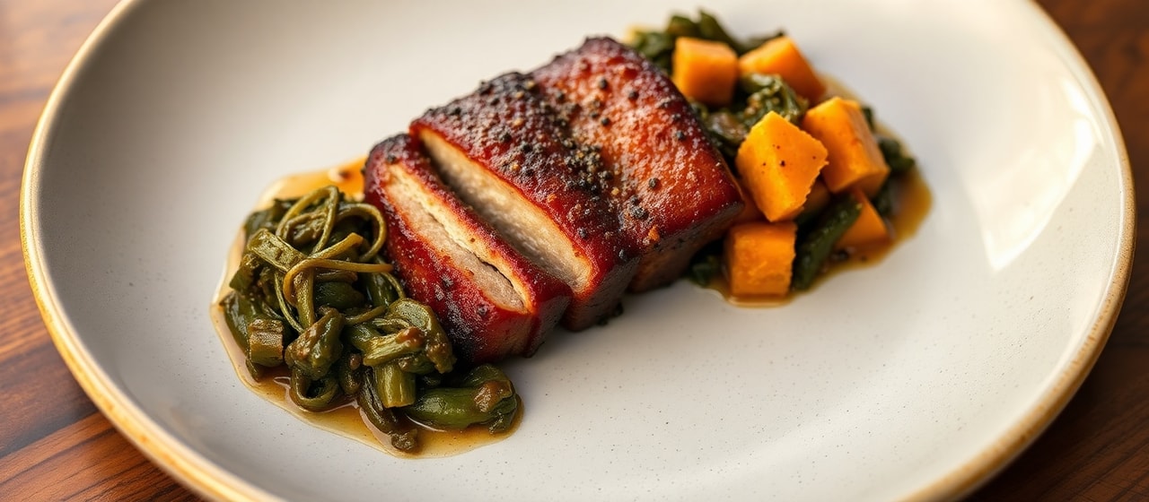 Southern Belle Cured Pork Belly with Braised Collard Greens and Sweet Potato Hash
