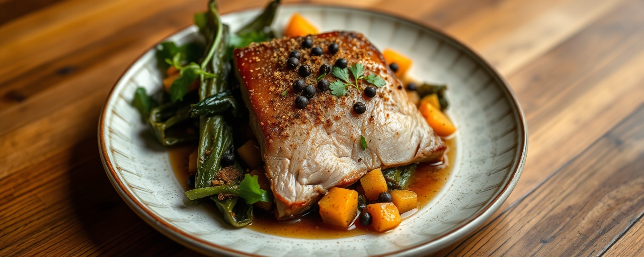 Southern Belle Cured Pork Belly with Braised Collard Greens and Sweet Potato Hash