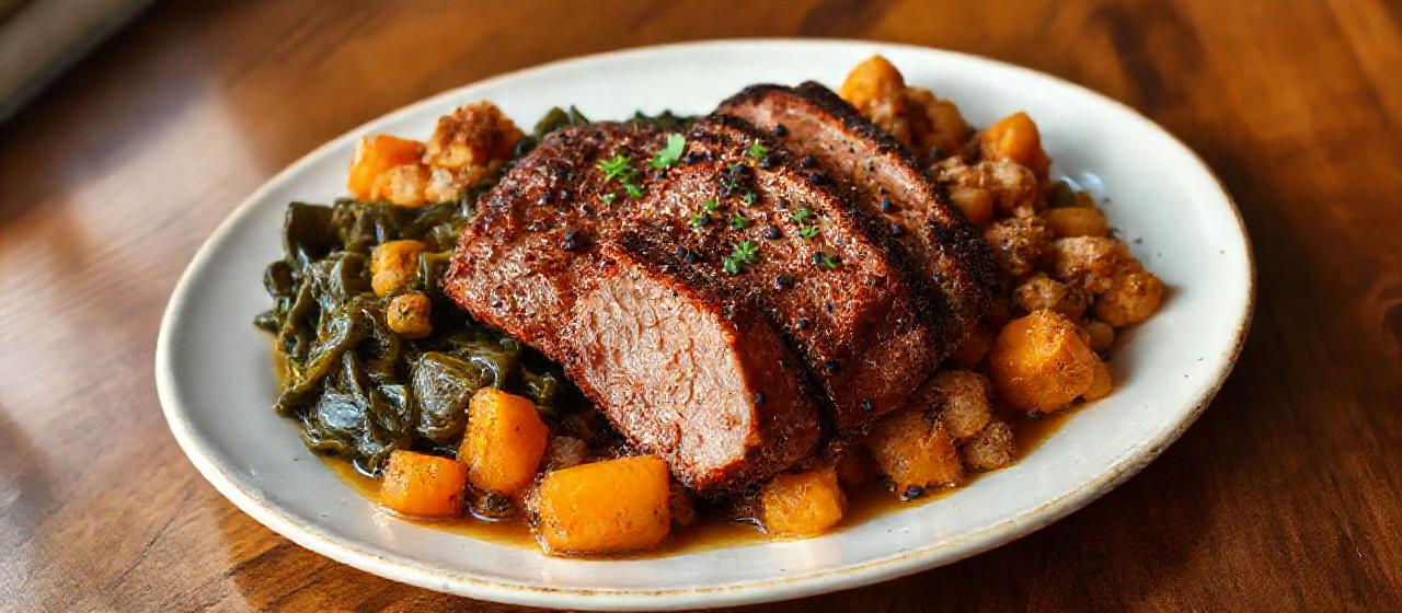 Southern Belle Cured Pork Belly with Braised Collard Greens and Sweet Potato Hash