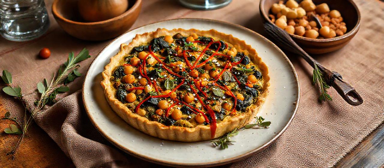 Spiced Chickpea and Spinach Tart with Harissa Drizzle