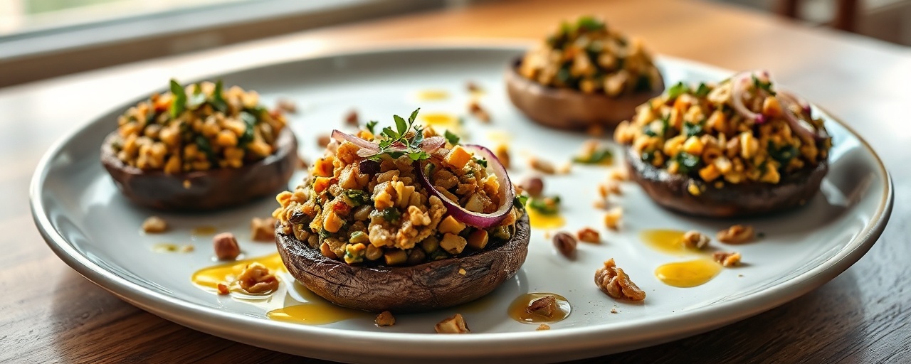 Spiced Lentil and Kale Stuffed Portobello Mushrooms with Walnut Crumble
