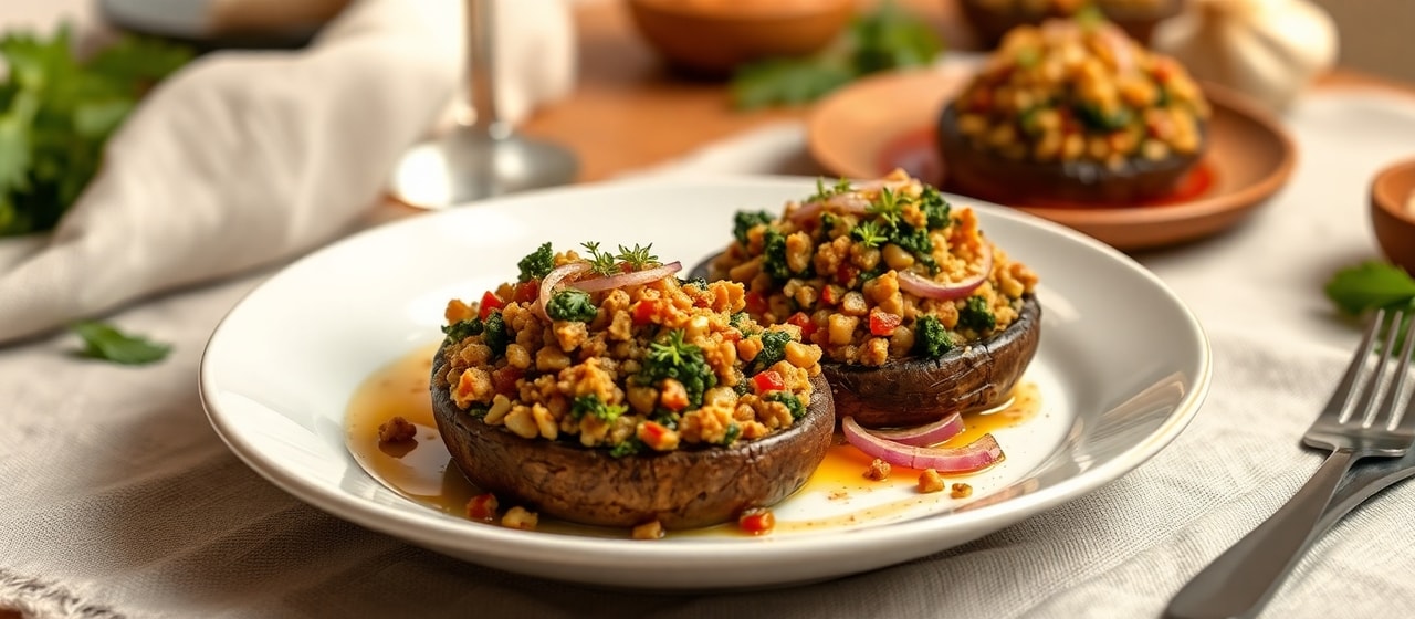 Spiced Lentil and Kale Stuffed Portobello Mushrooms with Walnut Crumble