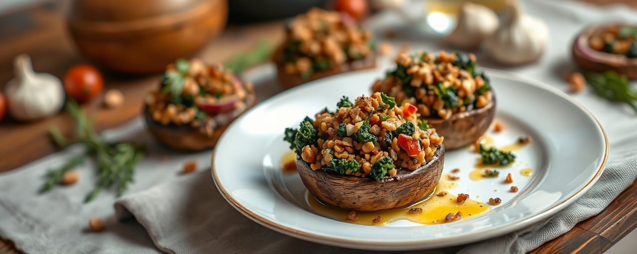 Spiced Lentil and Kale Stuffed Portobello Mushrooms with Walnut Crumble