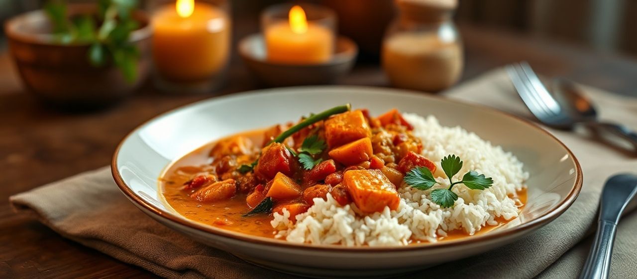 Spiced Lentil and Sweet Potato Curry with Coconut Rice