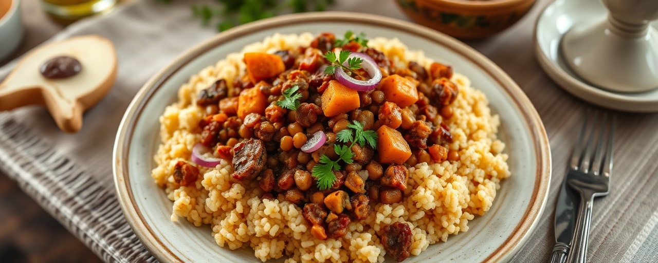 Spiced Lentil and Sweet Potato Tagine with Apricot Couscous