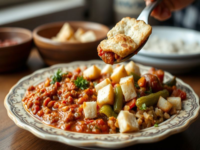 Spiced Red Lentil and Vegetable Wat with Injera Croutons