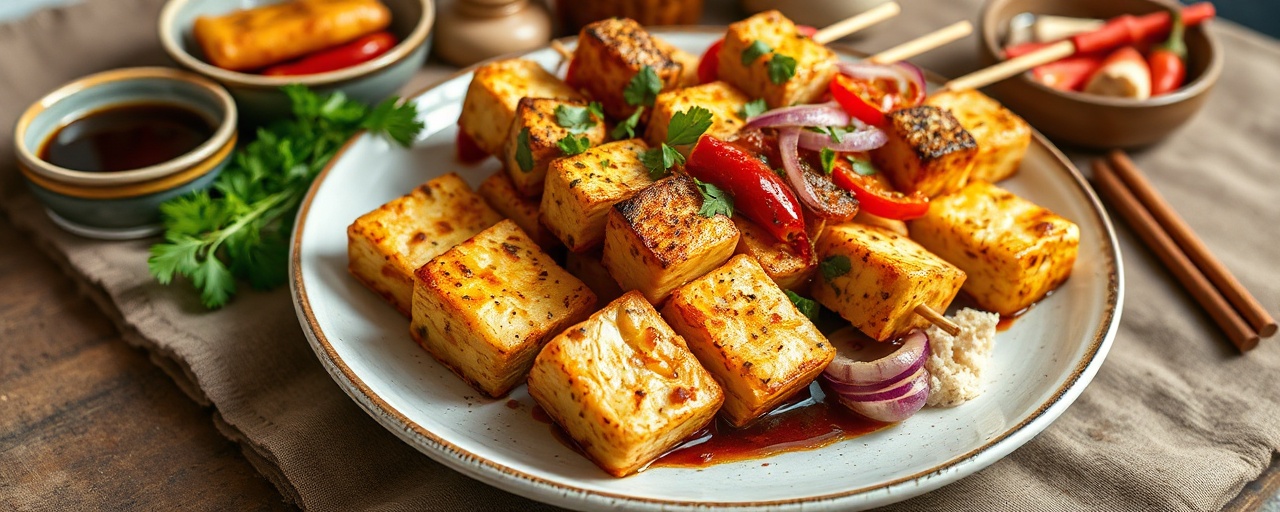 Spiced Tofu and Vegetable Skewers with Peanut Sauce
