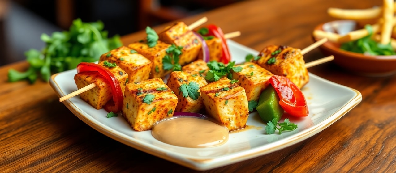 Spiced Tofu and Vegetable Skewers with Peanut Sauce