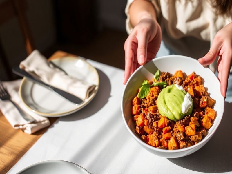 Spicy Chorizo and Sweet Potato Hash with Avocado Crema