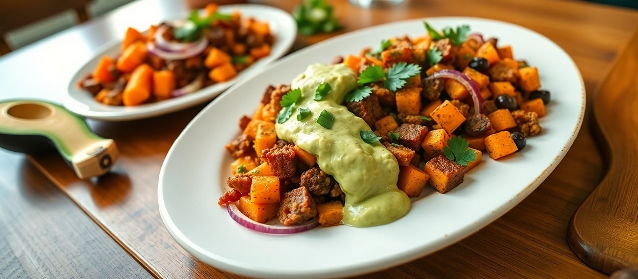 Spicy Chorizo and Sweet Potato Hash with Avocado Crema
