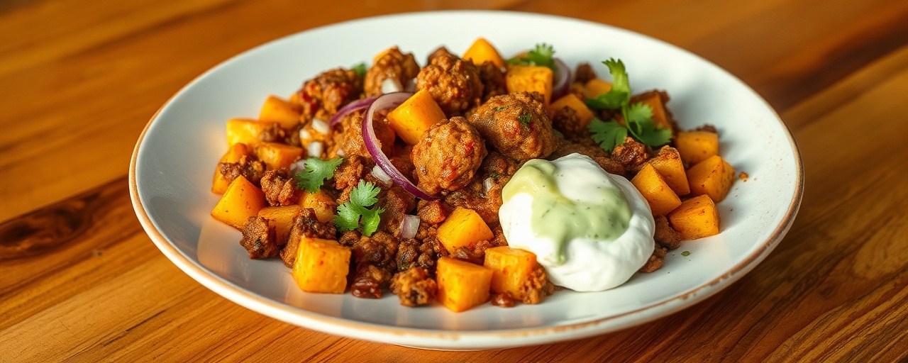 Spicy Chorizo and Sweet Potato Hash with Avocado Crema