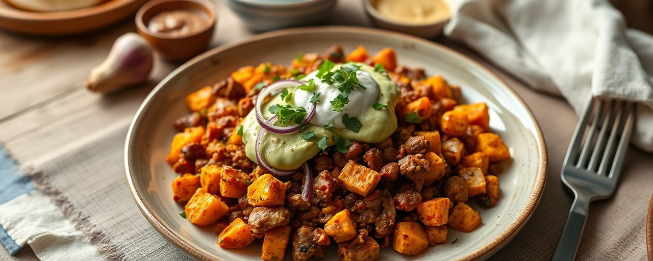 Spicy Chorizo and Sweet Potato Hash with Avocado Crema