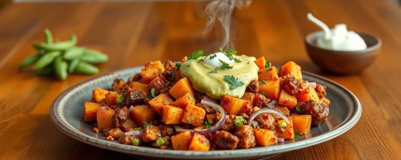 Spicy Chorizo and Sweet Potato Hash with Avocado Crema